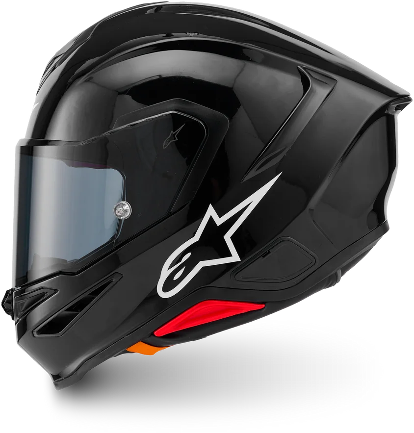 Casco Alpinestars S-R7 negro brillante, vista lateral con la toma roja del mentón