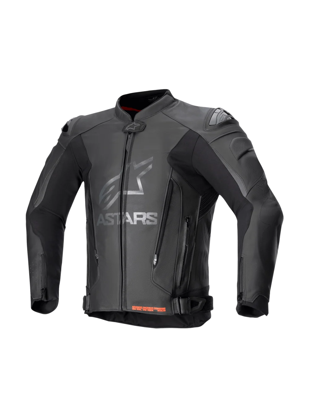 Chaqueta de cuero Alpinestars GP Plus V4 negra con protectores externos en hombros y logo frontal gris