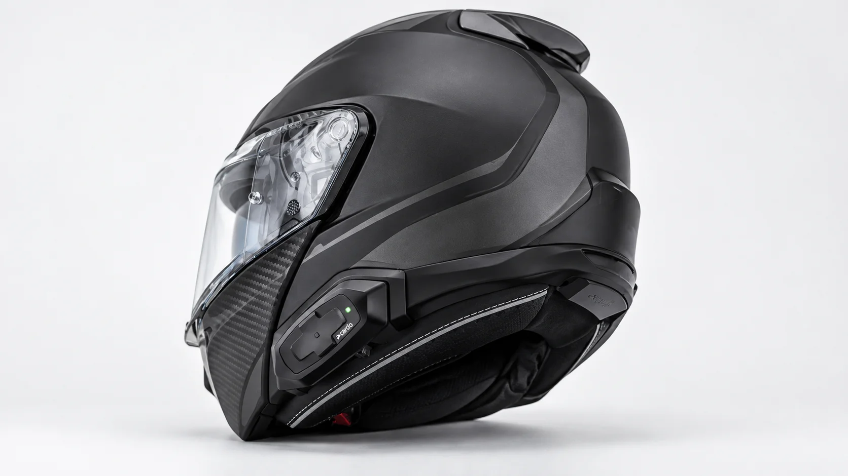 Casco HJC visto desde atrás con el módulo Cardo integrado en la carcasa