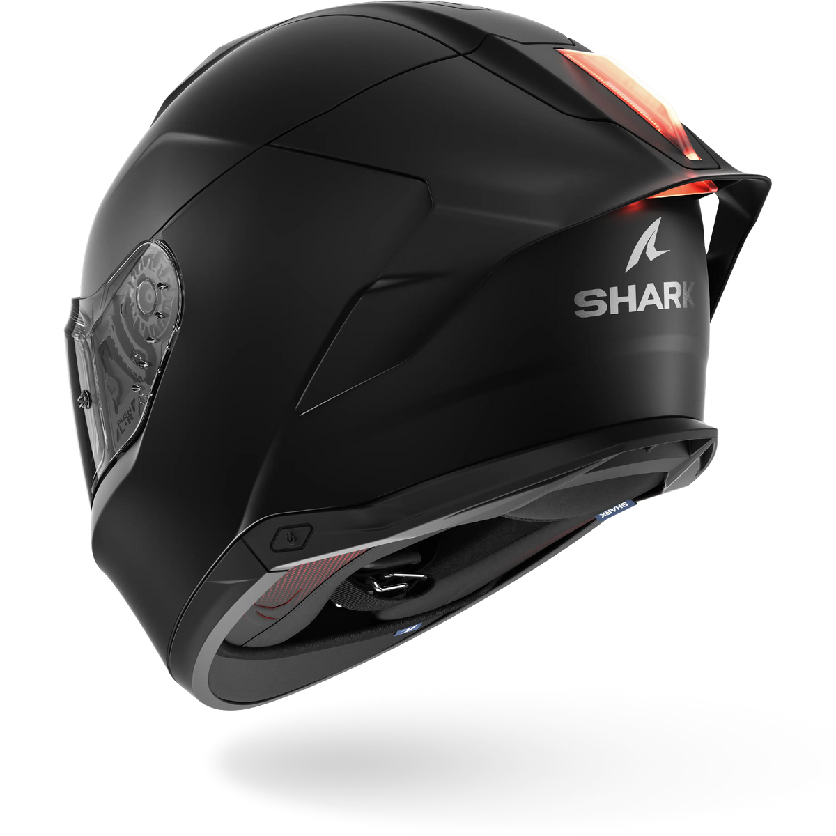 Vista trasera lateral del Shark Skwal iCup negro mate, con el LED vertical encendido dentro del alerón